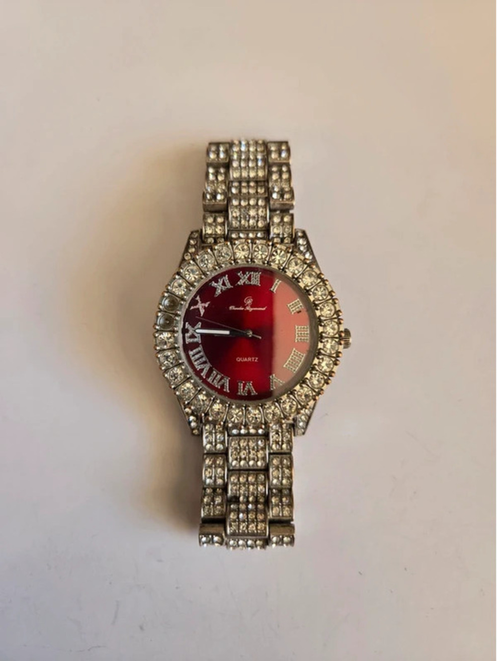 Charles Raymond Rhinestone Watch Red Dial Silver Tone Roman Numerals